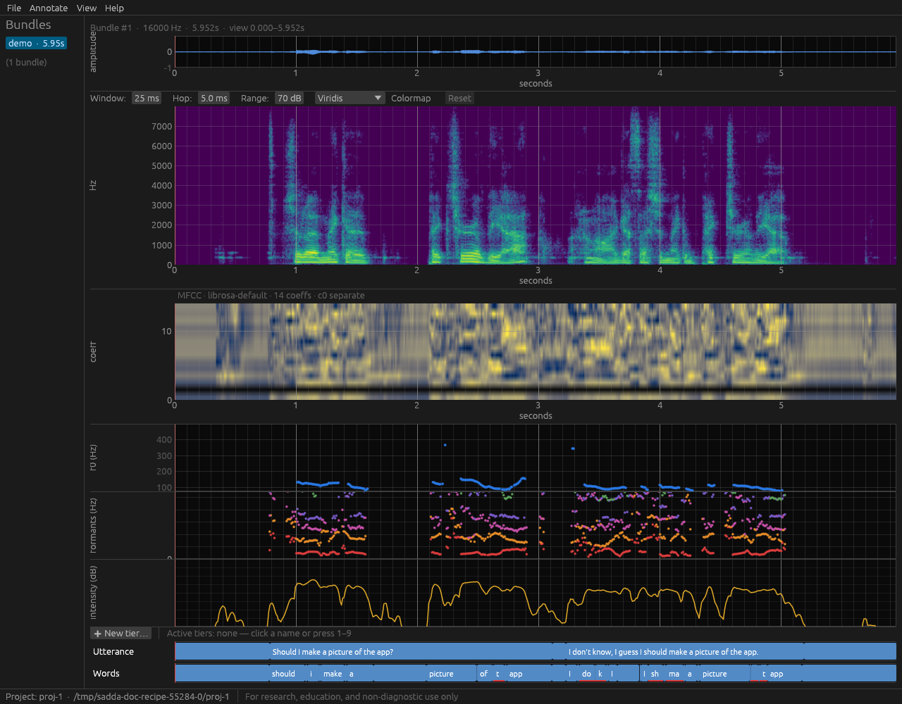 The sadda desktop app (dark theme) showing a short speech recording — a waveform, a spectrogram, an MFCC heatmap, and stacked f0, formant, and intensity tracks — with word- and utterance-level annotation tiers below and a bundle-list sidebar.