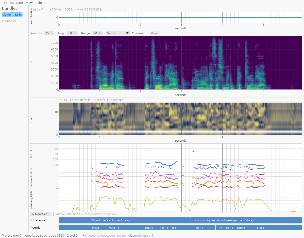 The sadda desktop app showing a short speech recording — a waveform, a spectrogram, an MFCC heatmap, and stacked f0, formant, and intensity tracks — with word- and utterance-level annotation tiers below and a bundle-list sidebar.