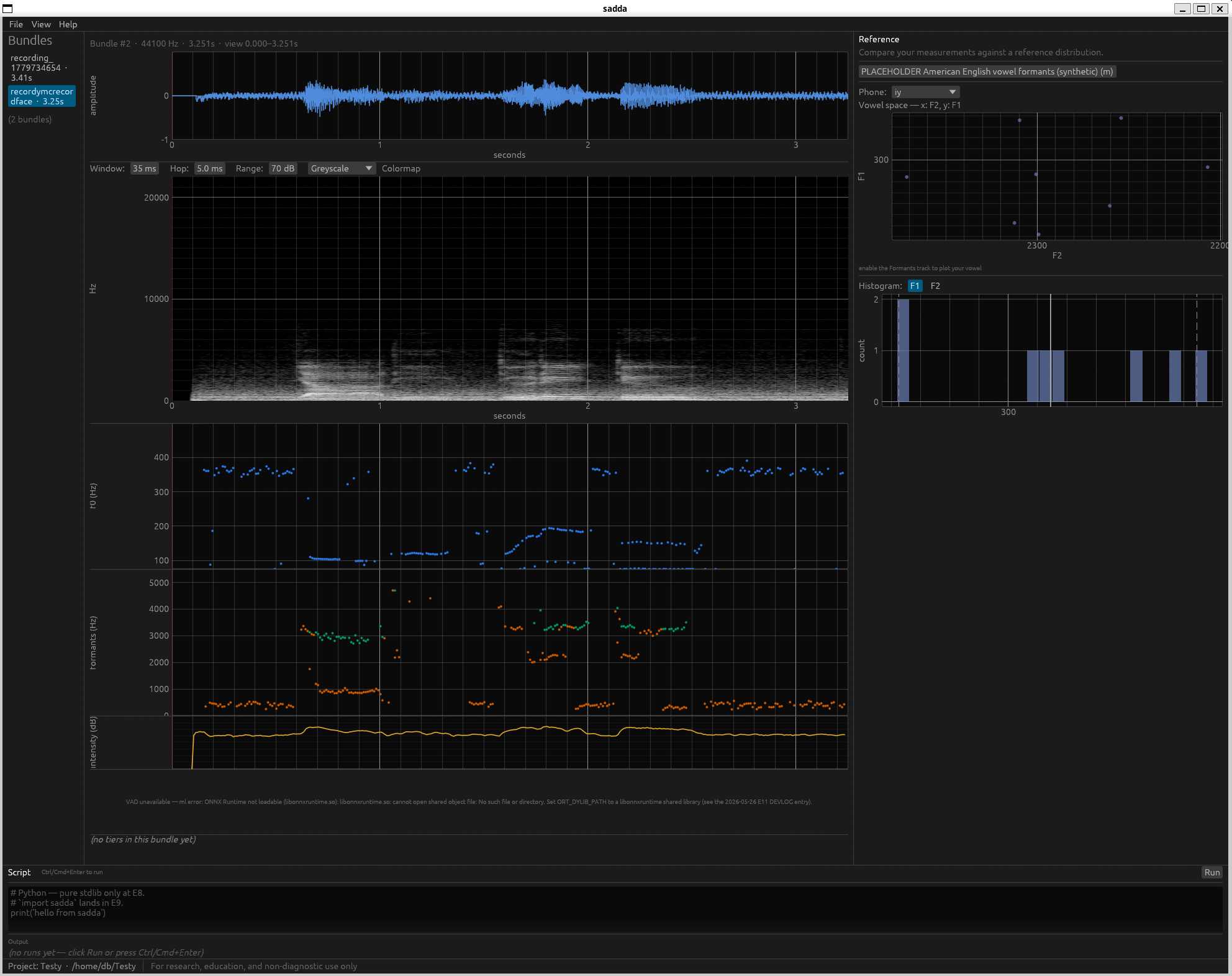 The sadda desktop app showing a speech recording as a waveform, a spectrogram, and stacked f0, formant, and intensity measure tracks, alongside a bundle-list sidebar and a reference-distribution panel.